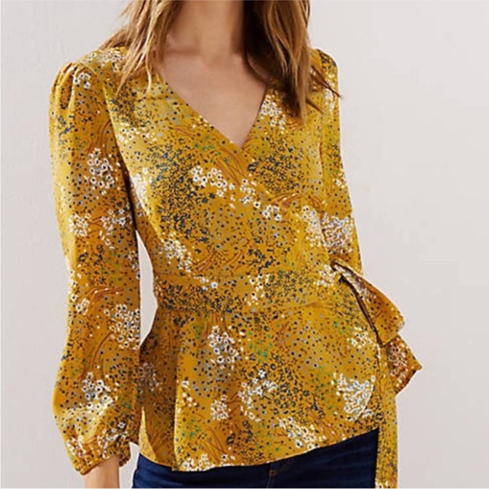 LOFT Yellow Floral Wrap Blouse